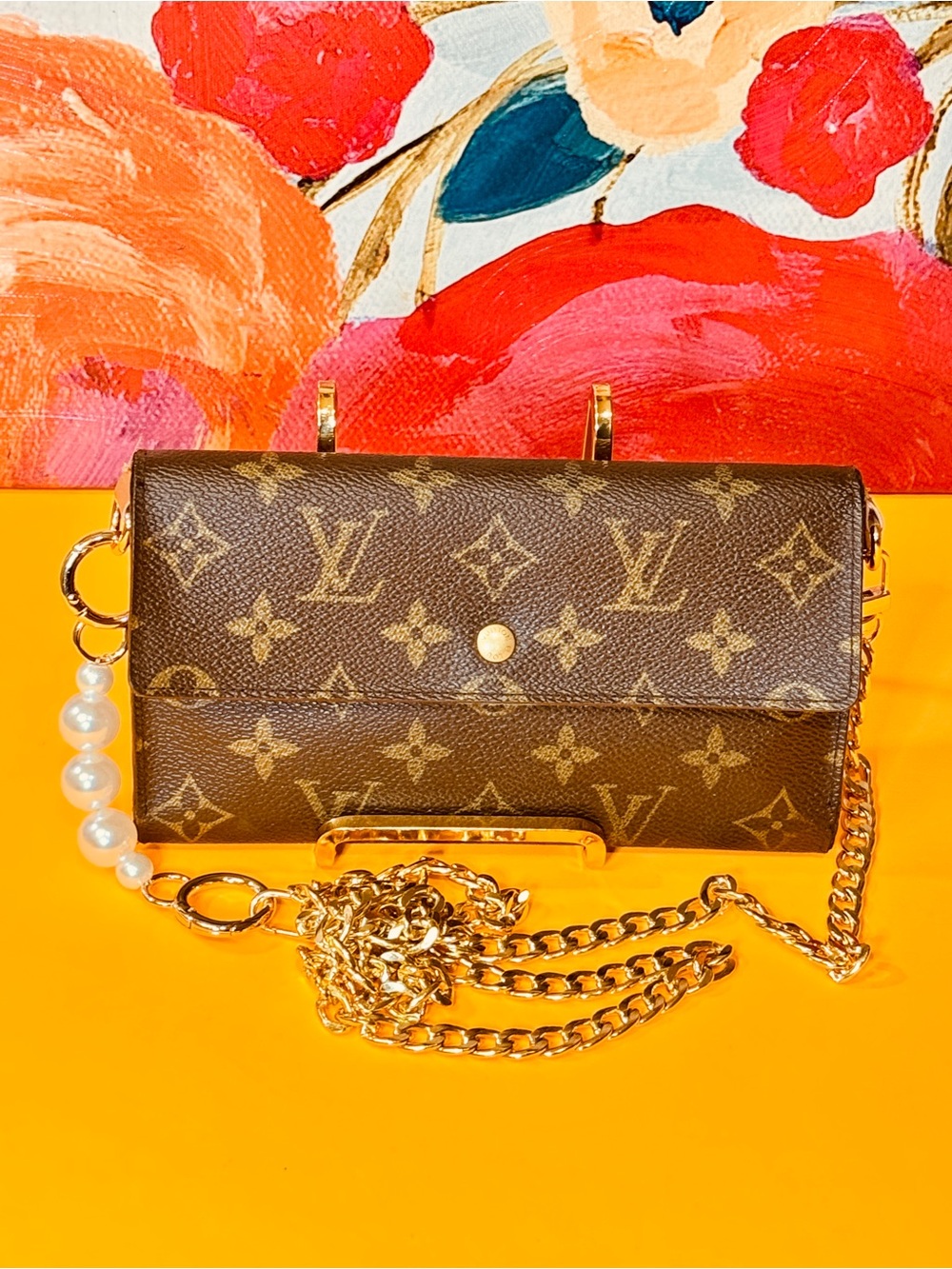 Louis Vuitton Brown Monogram Wallet Crossbody with Pearl Charm and Gold Chain - Picture 6 of 14